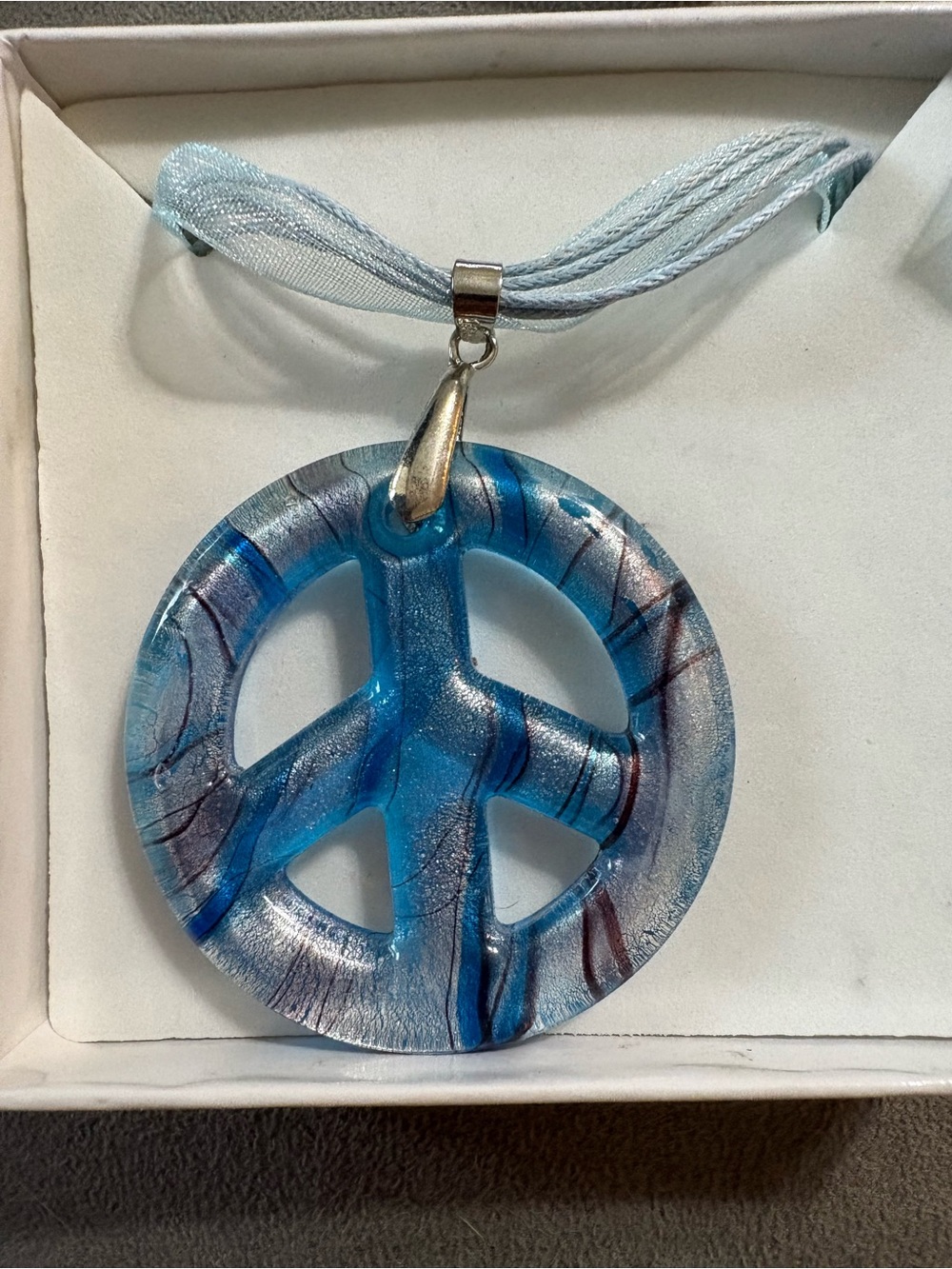 Vintage Blue Art Glass Peace Sign Necklace Boho Dichroic Pendant String Lace